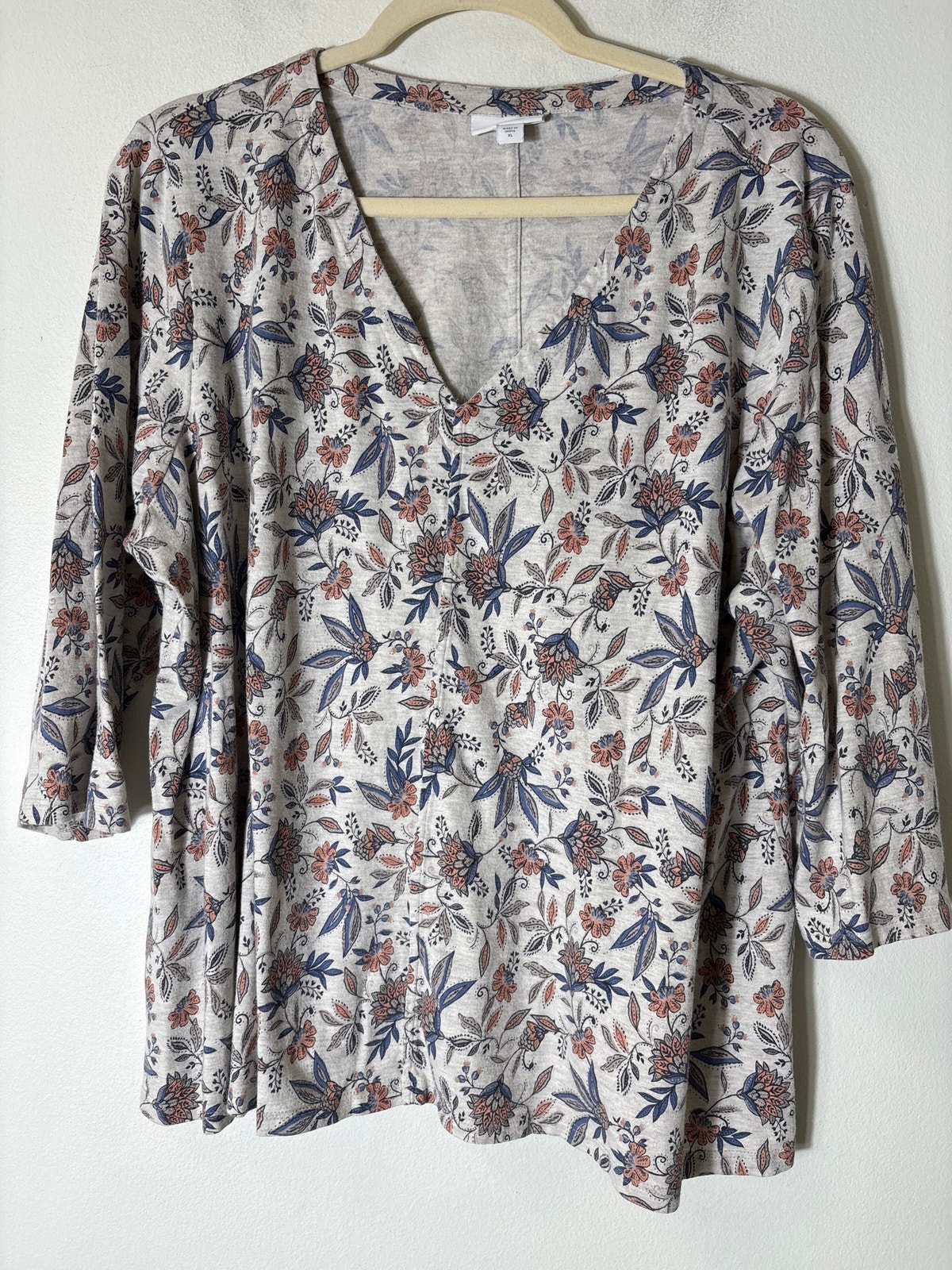 Pure Jill Blue And Coral Floral V Neck Long Sleeve Tee Sz Xl
